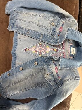 Mudd Light Blue Denim Jacket with Pink & Yellow Embroidery
